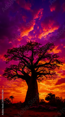 Sunset tree silhouette sky clouds nature landscape skyline horizon vibrant colors purple orange pink tranquil serene scenic beauty