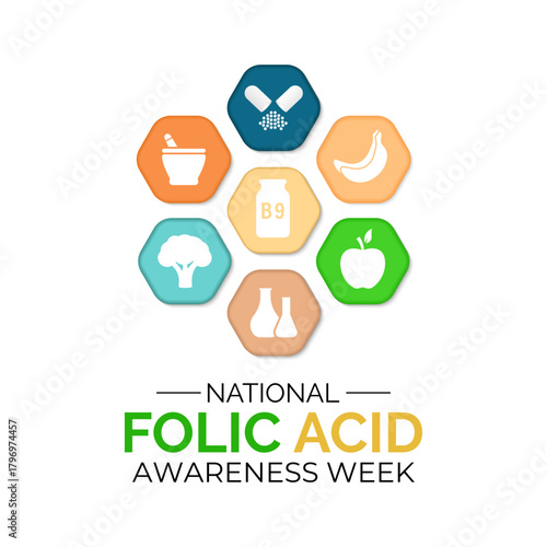 National Folic Acid Awareness Week graphic featuring vitamin B9 icons, medical symbols, and bold text promoting health education and nutrient importance. Banner poster, flyer and background design.