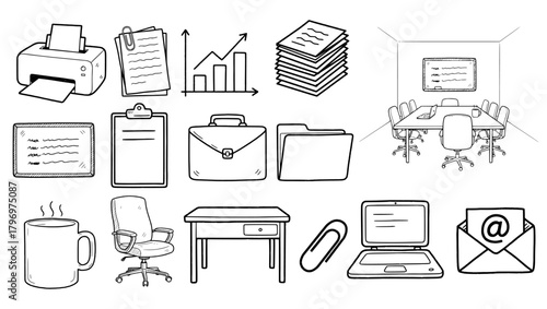 Hand Drawn Office Icon Set - Business and Workplace Doodle Sketch Vector Collection