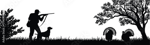 Wild turkey hunting silhouette scene with hunter, dog companion, forest landscape, wildlife outdoor adventure illustration, nature concept
