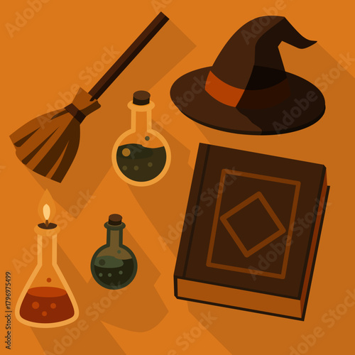 Flat Illustration of Witchcraft Still Life Including Potion, Hat and Broomstick