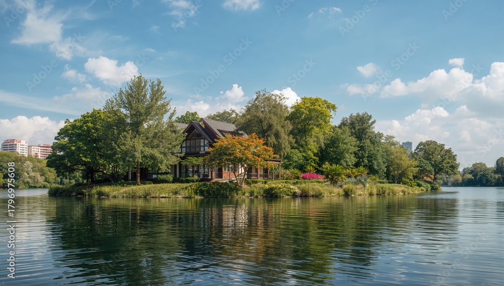 Obraz premium Lakeside property adjacent to Asian Art Park, natural scenery showcasing summer travel, seasonal change