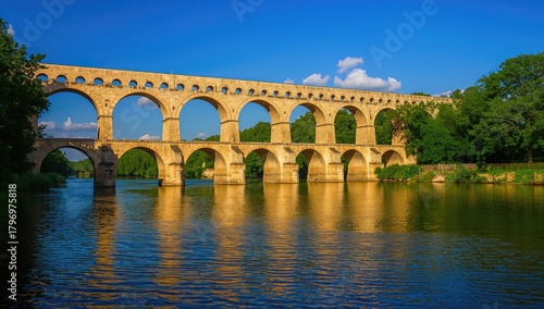Pont du Gard, an ancient Roman aqueduct made of stone, showcasing architectural significance, preservation