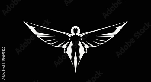 Stylized angel figure with wings on a black background.