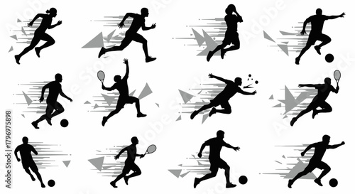 Collection of black silhouettes of athletes engaged in various sports activities like running, soccer, and racket sports, with dynamic motion effects.