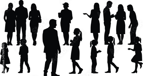 Silhouette of diverse group of people standing and walking in community