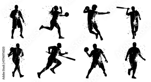 Collection of black grunge silhouettes of athletes in various sports poses on a white background.