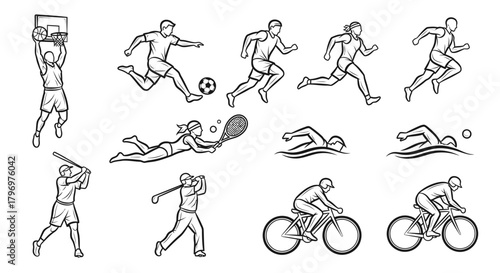 Collection of diverse athletes engaged in various sports activities, including basketball, soccer, running, tennis, swimming, baseball, and cycling.