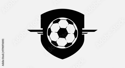 A black and white graphic logo featuring a soccer ball centered on a shield with horizontal wing elements, representing sports or a team.