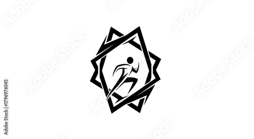 Black and white logo featuring a running figure inside a geometric star-shaped frame.