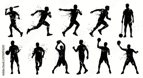 A collection of dynamic male athlete silhouettes with a grunge splatter effect representing various sports.