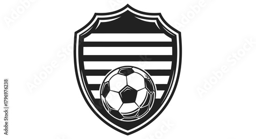 Black and white soccer ball inside a shield with horizontal stripes, a sports logo.
