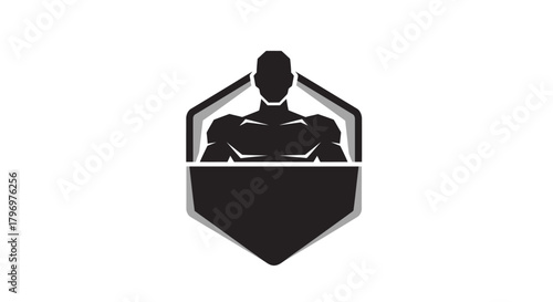 A monochrome logo of a muscular male torso and head silhouette inside a modern shield emblem.