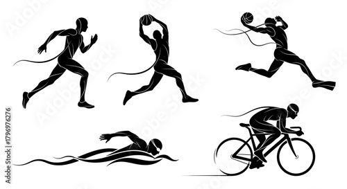 Dynamic black silhouettes of athletes performing various sports activities like running, swimming, cycling, and ball games, illustrating motion and athleticism.