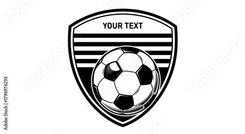 Black and white soccer emblem featuring a shield shape, a soccer ball, and text area.