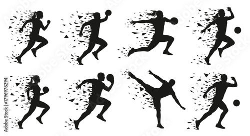 Silhouettes of athletes in various sports activities with particle effects.