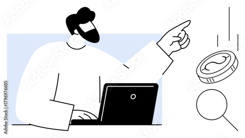 Bearded man at laptop pointing towards falling coin and magnifying glass, representing financial growth, investment opportunities, decision-making, data analysis, online business, fintech, simple