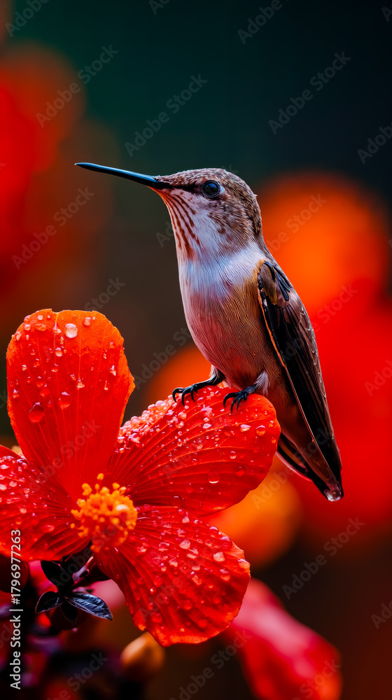 Fototapeta premium Hummingbird flower red droplets nature wildlife bird colorful vibrant green blurred background close-up wildflower nectar bird perching wild bird nature photography