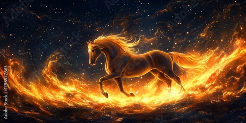 Illuminating Evening Scene of a Fiery Horse Running Through Flames at Twilight