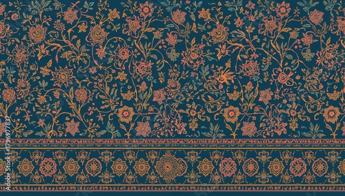 Mughal floral border pattern featuring intricate digital flower and leaf designs, suitable for textile applications