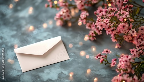 Blank Envelope Surrounded by Flowers on a Table With Soft Bokeh Lights in the...