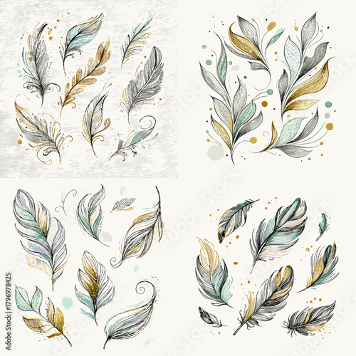 Beautiful decorative feather illustrations in soft teal, gold, and gray tones, featuring elegant curves, botanical details, and artistic watercolor-style textures.
