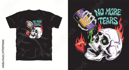 No more tears concept illustration for t shirt print design with skull and bones hand with bucket of toxic liquid vector isolated artwork 200 characters