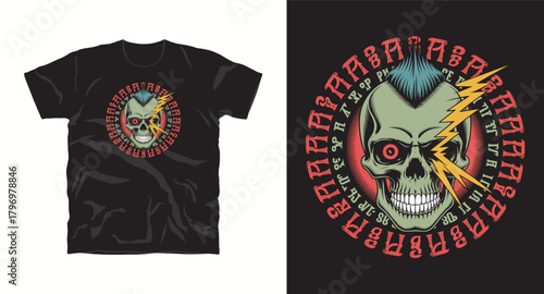Punk skull with mohawk and lightning concept illustration for t shirt print design with tribal circle pattern artwork vector isolated object 200 characters