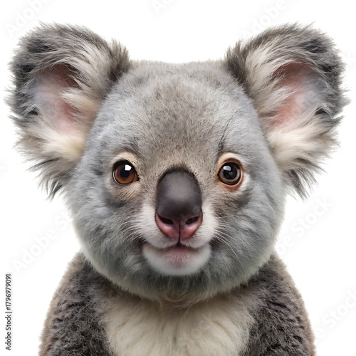 Closeup portrait of a cute koala bear with fluffy ears and dark eyes, isolated on transparent background