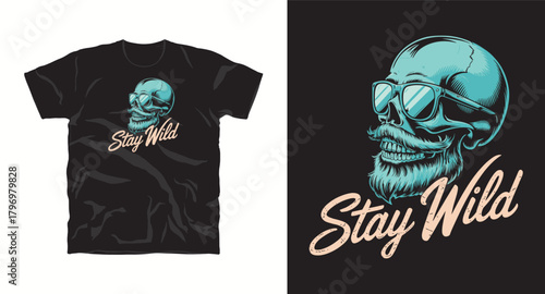 Vintage Skull With Beard and Sunglasses Vector Graphic Featuring Stay Wild Slogan for Apparel Designs and Merchandise Perfect for Adventure and Outdoors