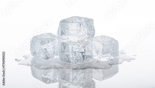 Natural crystal clear melting ice cubes on a white background, functional backdrop for text and layout