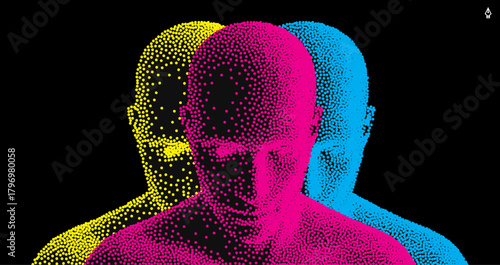 Three men standing shoulder to shoulder. Stipple effect. Glow. The concept of leadership and unity. 3D illustration for brochure, cover, card, presentation, flyer or banner.