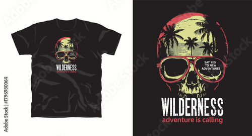 Wilderness Adventure is Calling Typography Vector Design on Black T Shirt Print Design with a Human Skull Wearing Sunglasses with Palm Trees on the Lenses Vacation and Summer