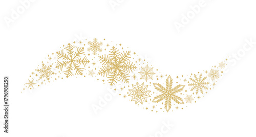 Snowflake border in wave shape vector illustration. Christmas winter pattern with golden snowflakes, stars, dots. Isolated on white background