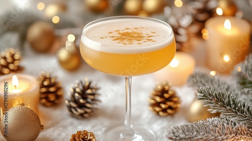 Festive Cocktail Surrounded by Candles and Holiday Decorations at a Winter Ce...