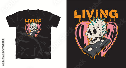 Living Dead Skull with VHS Cassette Design Spooky Horror Artwork for T Shirt Print Apparel Fashion Graphic Style Design Vector Illustration Exactly 200 Chr