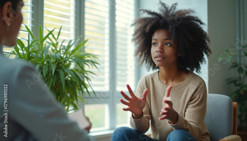 Teen girl talks with psychologist in office. Patient discusses feelings and problems, seeking guidance and support during therapy session. Mental health support.