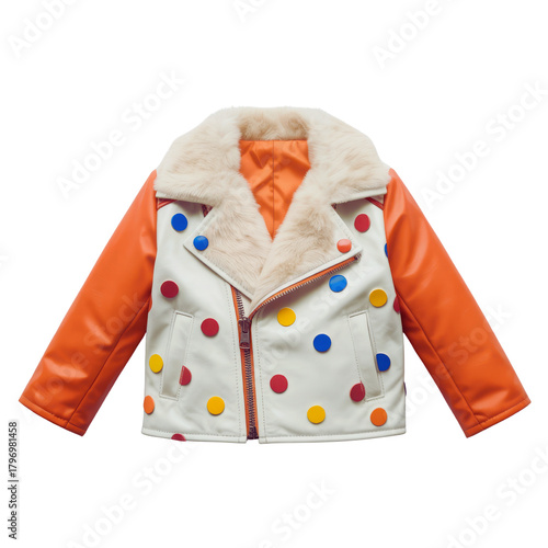 Children s colorful polka dot moto jacket with orange sleeves isolated on transparent background