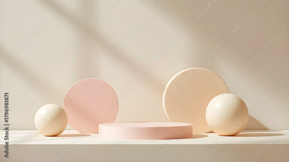 Fototapeta premium Minimalist pastel geometric shapes on neutral background with soft sunlight