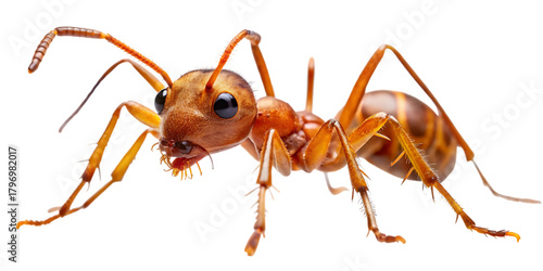 Closeup macro photograph of a reddishbrown ant with visible antennae, mandibles, and segmented body, isolated on transparent background