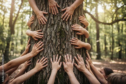 Group of hands embracing tree trunk in forest during daytime pedigree chart family tree