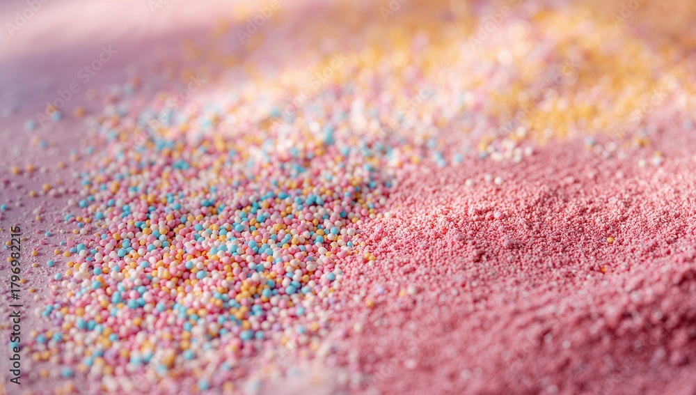 Fototapeta premium Vibrant cake decorations in powder and granule form, suitable for creating a colorful background for desserts