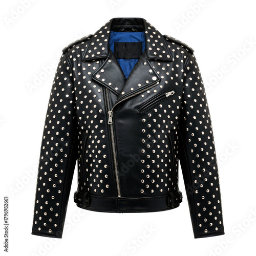Black leather biker jacket adorned with silver studs isolated on transparent background