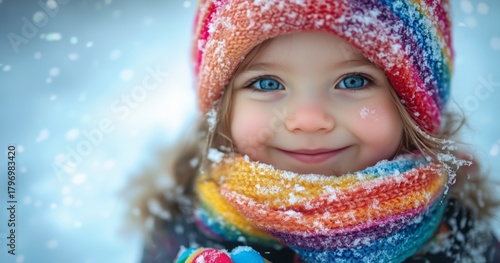 Smile of a Child in Winter Wonderland With Colorful Scarf and Hat Enjoying Sn...