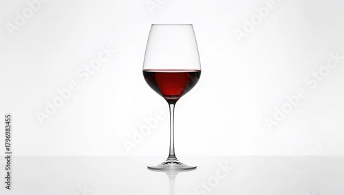 Single long-stemmed glass of red wine on a white background, potential alcohol moderation concern