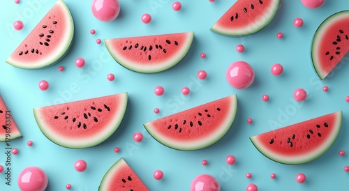 Colorful Arrangement of Watermelon Slices and Pink Spheres on a Light Blue Ba...