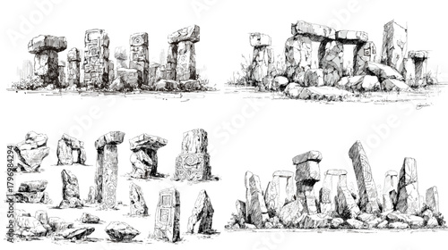 Detailed sketch illustrations of ancient stone monuments resembling megalithic formations, featuring textured rocks, ruins, and historical standing stone structures.