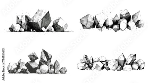 Hand-drawn geometric stone shapes arranged in artistic clusters, featuring rough textures and abstract rocky forms. Perfect for design, illustration, and natural minimal compositions.