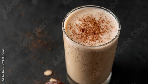Oatmeal, dates, and cinnamon smoothie on a dark surface, fiber-dense choice