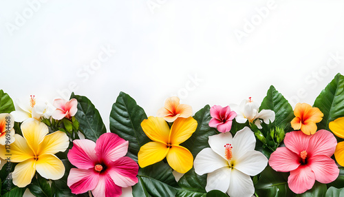 Colorful tropical hibiscus and plumeria flowers with green leaves